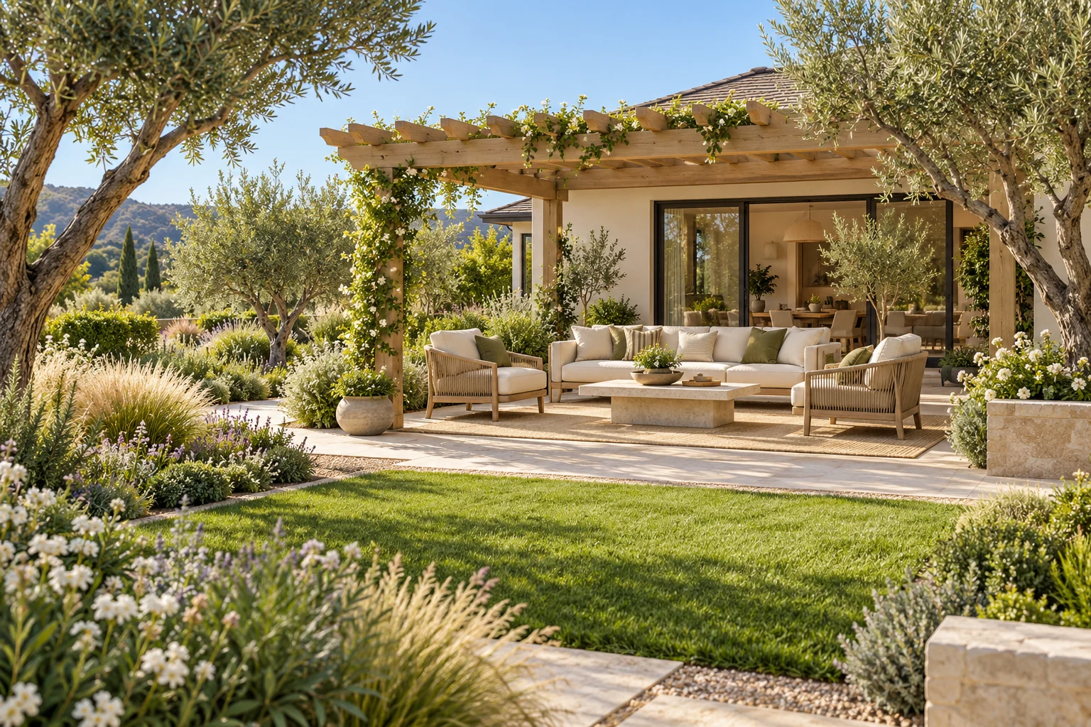Illustrative backyard design concept with a timber pergola, outdoor lounge and layered planting