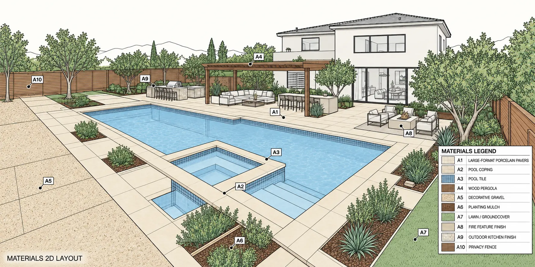 Landscape materials plan with keyed finish direction