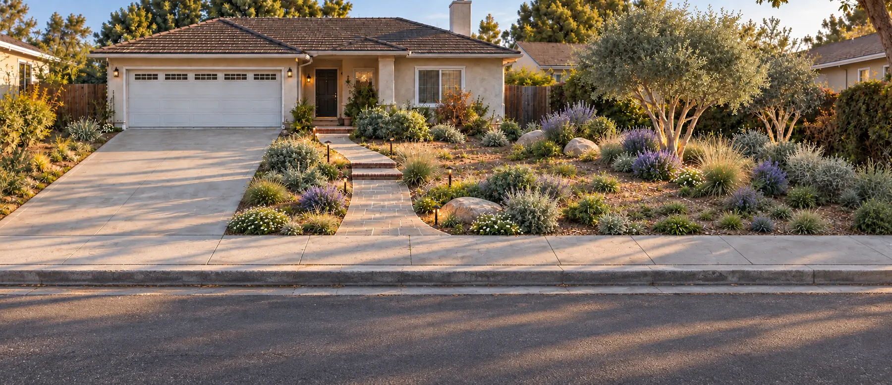 Residential front yard with layered planting and an inviting entry path